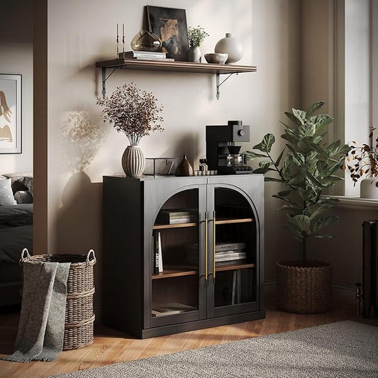BELLEZE Modular Sideboard with Arched Glass Door, Accent Display Buffet Cabinet with Storage and Adjustable Shelves,Classic Modern Credenza for Dining Room Living Room Entryway (Ebony)