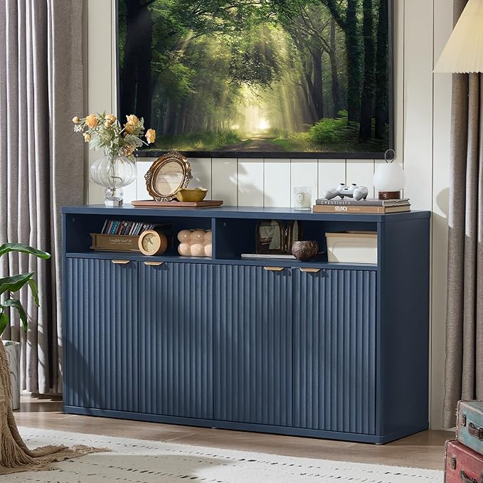 LEYAOYAO Fluted Buffet Cabinet with Storage, 55" Wide Wood Sideboard Credenza with 4 Doors & Open Storage Shelf, Modern Kitchen Console Accent Cabinets, Coffee Bar Table for Dining Room, Dark Blue