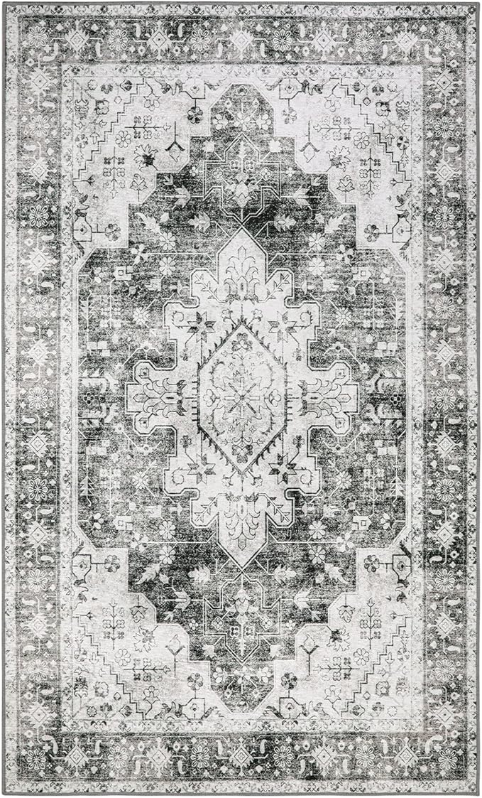 Moynesa Ultra-Thin Washable Area Rug - 3x5 Gray Entryway Rug Stain Resistance Kitchen Mat, Non Slip Non Shedding Pet Friendly Vintage Bathroom Carpet for Indoor Bedroom Living Laundry Room
