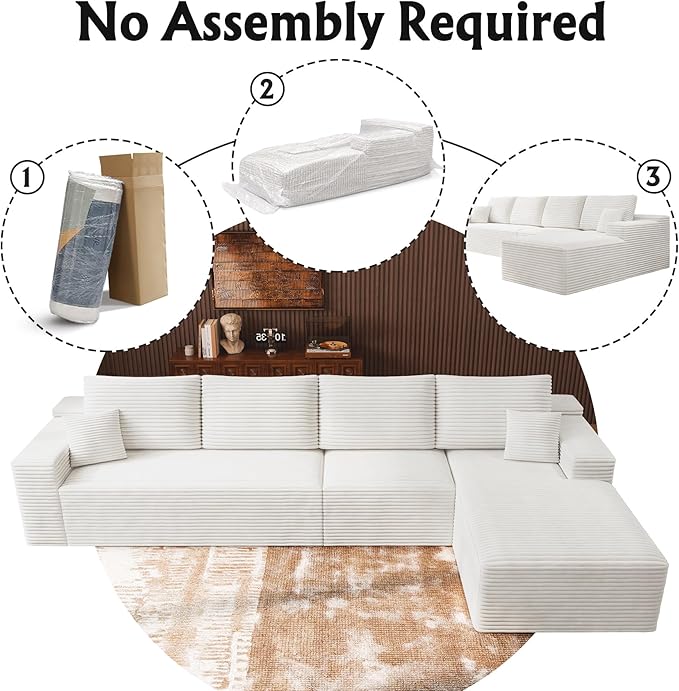 3-Piece Boneless Modular Sectional Sofa, Cloud Couch with Right Facing Chaise, Oversized Deep Seat, Soft Corduroy Fabric, Sectional Couch for Living Room-White