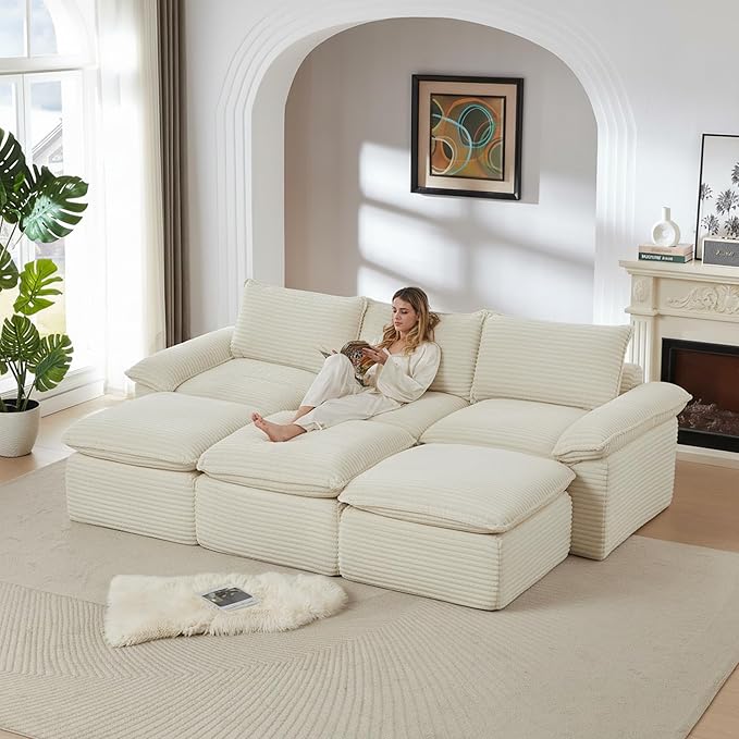 111" Cloud Sectional Couch, Corduroy Sectional Sofa with Ottoman, Boneless Couch with Deep Seat in a Box for Living Room, No Assembly Required (White)