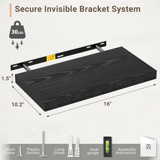 Vivelove 16 Inches Floating Shelves Wall Mounted, 10" Deep Wall Shelves for Bedroom, Bathroom, Living Room, Kitchen, Office, Home Decor, Modern Shelf, Set of 2, Black, 16x10.2x1.5