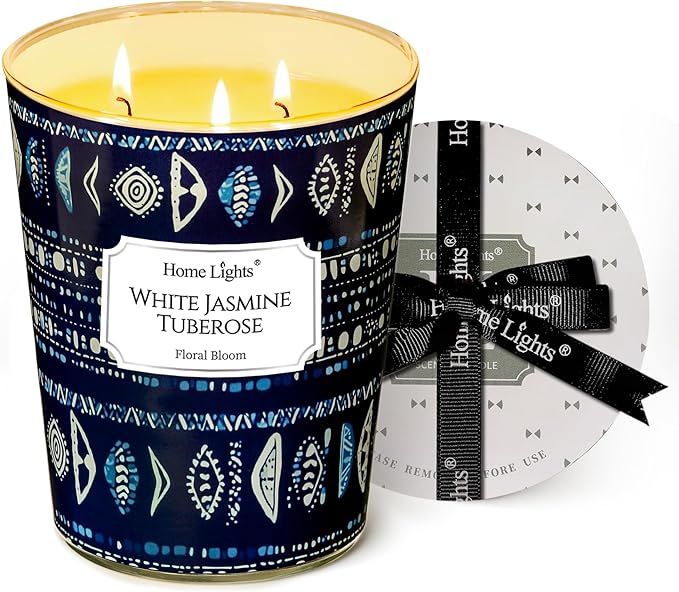 HomeLights Scented Candles for Women & Men, 34oz Candle Jars Aromatherapy 3-Wick Candle, Ideal for Bohemian Natural Textures Home Decor and Gifts, White Jasmine Tuberose