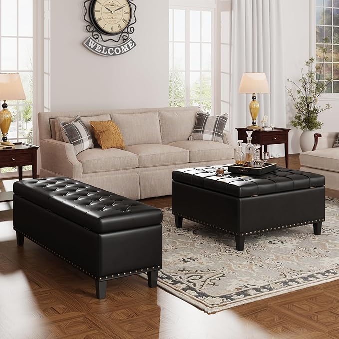 Storage Ottoman Bench,51-Inch Large Storage Bench for Bedroom End of Bed, 30 Gallons Faux Leather Ottoman with Storage for Bedroom, Living Room, Entryway, Black