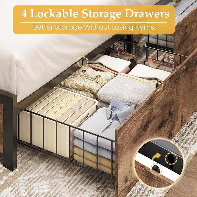 Lifezone King Bed Frame with 2-Tier Storage Headboard, Metal Platform Bed Frame with 4 Storage Drawers, Built in Charging Station & LED, Noise-Free/Metal Support/No Box Spring Needed, Vintage Brown