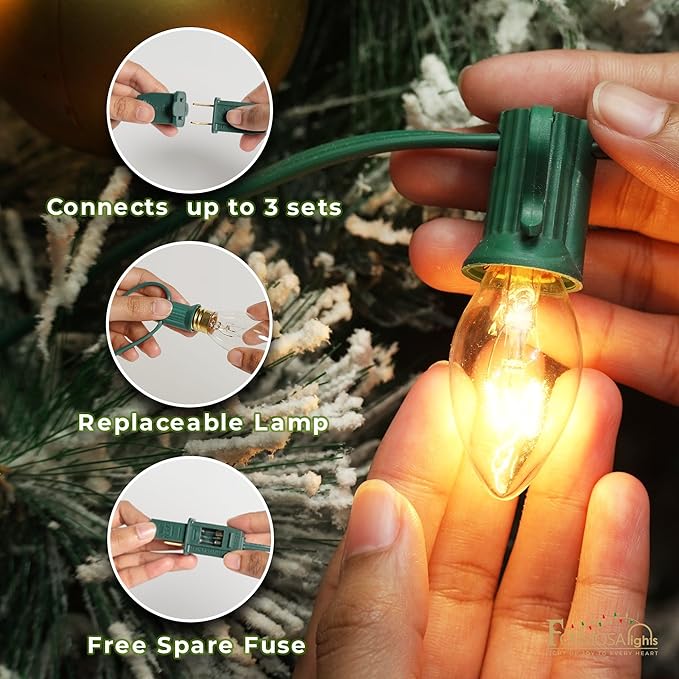 C7 25ft Indoor/Outdoor Clear Incandescent Christmas String Lights/Patio Lights with 25 Bulbs | 120V, 5W