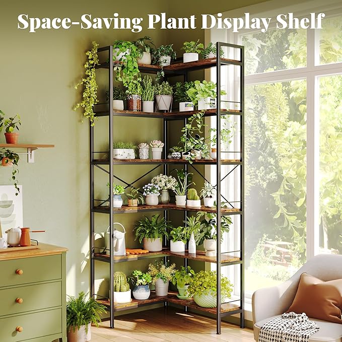 Huuger 6 Tier Bookshelf, L Shaped Corner Bookshelf with Open Shelves, 49.4 Inch Straight Wide Bookcase with Metal Frame and Wooden Board, Adjustable Feet, Rustic Brown