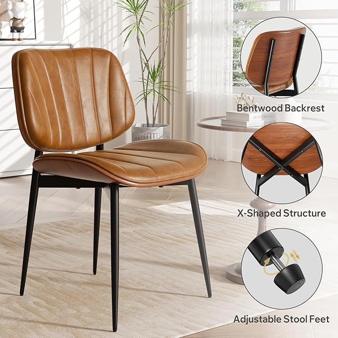 Dining Chairs Set of 4, Mid Century Modern Dining Room Chairs, Upholstered Faux Leather Kitchen Chairs with Walnut Bentwood Back and Metal Legs, Brown