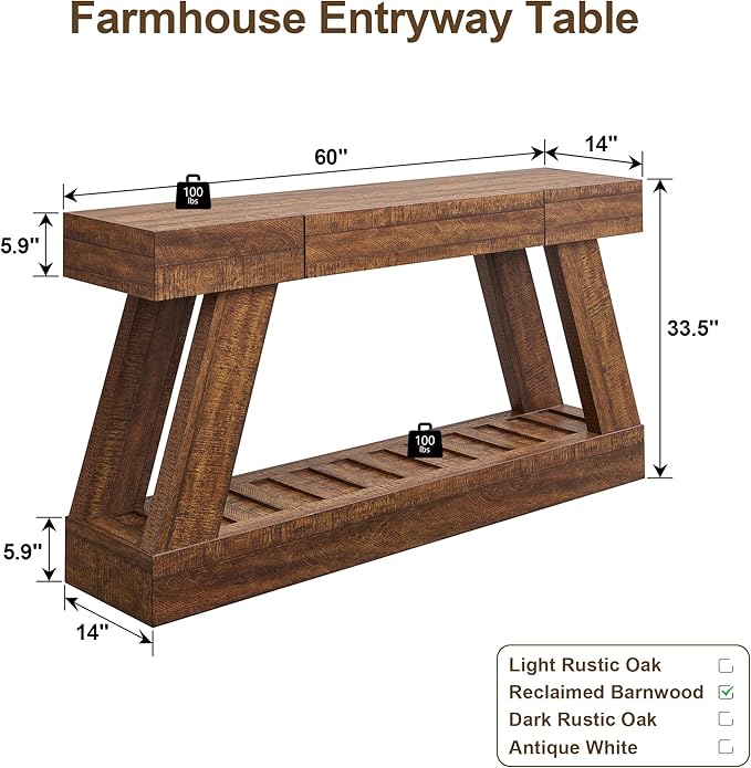 OKD 60" Farmhouse Entryway Table with Drawer, Narrow Long Console Table for Entryway, Console Tables with Storage(Reclaimed Barnwood)