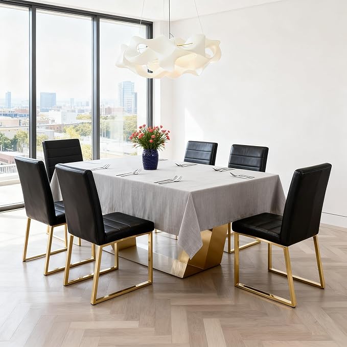 Modern Dining Chairs Set of 4, White Faux Leather Kitchen Chairs, Upholstered Armless Dining Room Chair with Gold Mental Legs Heavy Duty, Comfortable (Black and Gold, Set of 4)