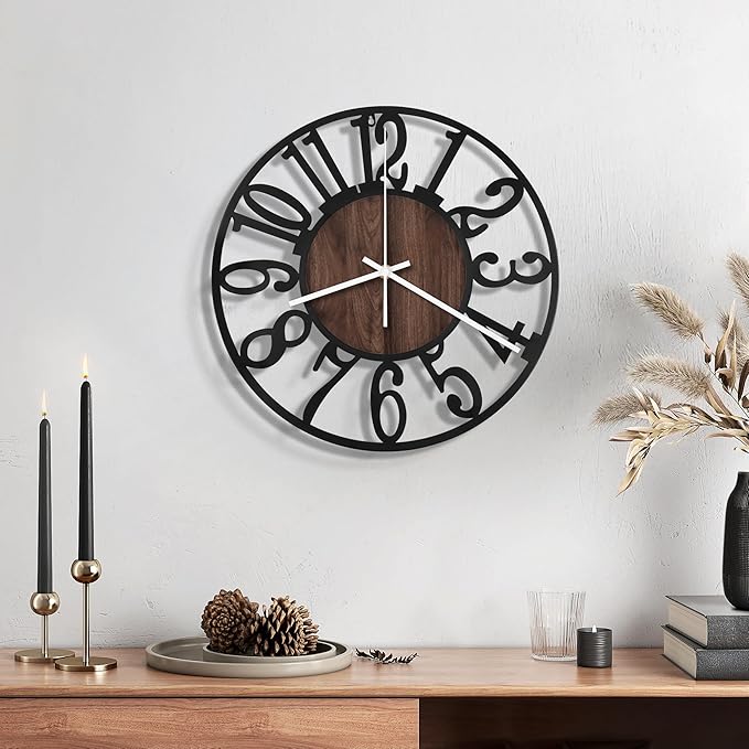 Maxstar Wall Clock Battery Operated,Silent Non-Ticking Modern Rustic Metal Round Clocks Small for Living Room/Bedroom/Office/Kitchen/Farmhouse Home Decor-10 Inch(Brown-Wood)