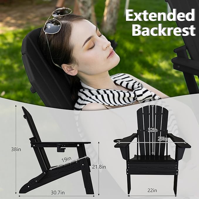 Plawdlik Folding Adirondack Chair, Cup Holder, SGS Tested, Wooden Textured，Heavy All-Weather HDPE Comfortable Set Poolside Backyard Lawn Black Set 2