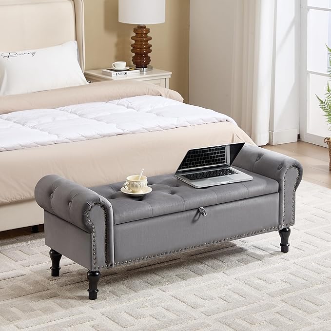 Storage Bench for Bedroom, 51" Upholstered End of Bed Bench, Velvet Queen Size Benches with Rolled Arms, Tufted Button Storage Long Ottoman, Living Room, Entryway, Grey