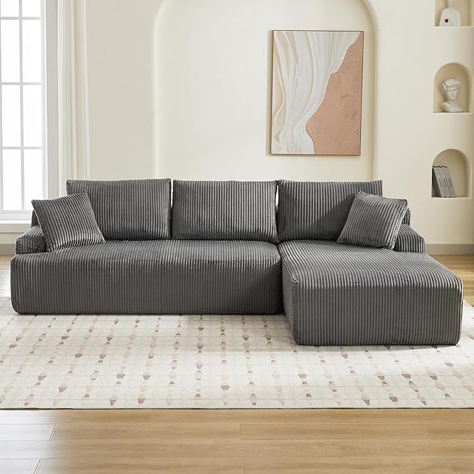 Sectional Cloud Couch for Living Room L Shaped Couch with 3 Seat Ind. Chaise Longue Corduroy Fabric Boneless Modular Modern Sofa with Pillows for Apartment and Small Space Grey