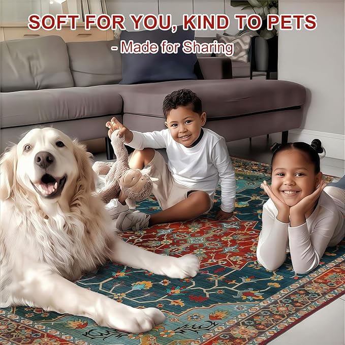 WILLSUN Washable Area Rugs, 6x9 Non-Slip Boho Large Area Rugs for Living Room, Bedroom, Machine Washable Vintage Rug, Indoor Floral Print Carpet for Home Decor, Kid & Pet Friendly Mat