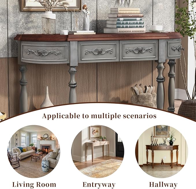 HMFULE Retro Curved Console Table, 52" Solid Wood Half Moon Sofa Table Entryway Table with 4 Drawers 1 Open Shelf for Living Room,Entryway,Hallway,Grey
