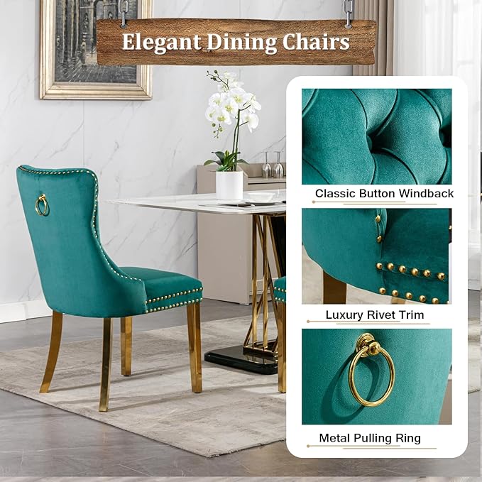 Goujxcy 51" Glass Dining Table Set for 4, Modern Kitchen Table and Chairs Set w/Steel Legs, 5-Piece Dining Table Set w/Glass Gold Dining Table and 4 Green Velvet Chairs for Kitchen Dining Room