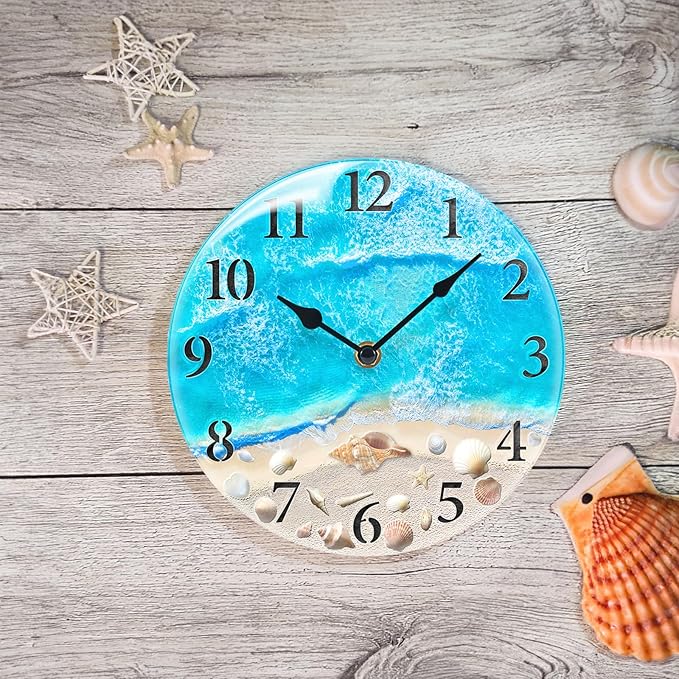 Coastal Nautical Glass Wall Clock with Seashell Design and Aesthetic Beach Theme - Battery Operated Silent Wall Decor for Home, Kitchen, Living Room, Office, Bedroom, or Bathroom (8 Inch,Light Blue)