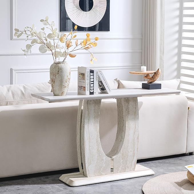 LKTART 55" MDF Console Table for Entryway, Narrow Entryway Table with Faux Mars Marble Pattern, Couch Tables Behind Sofa with U-Shaped Base for Living Room Hallway Foyer, Light