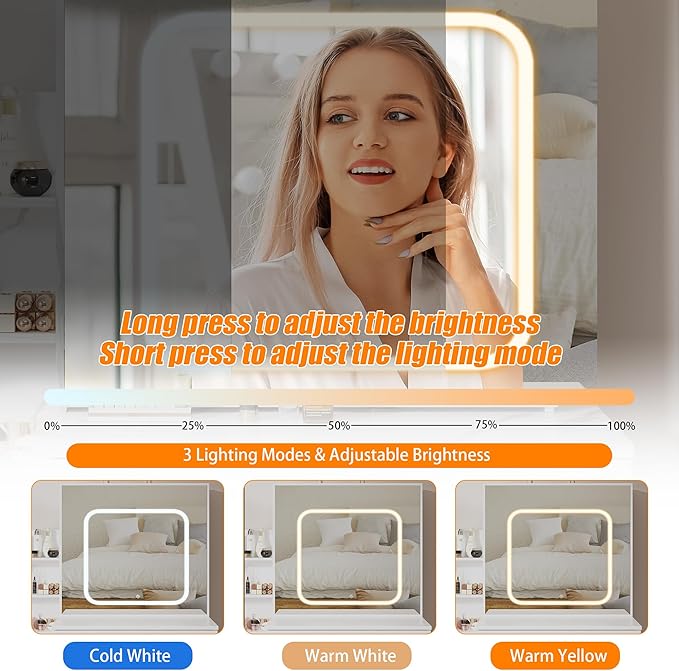 Vanity Desk With Mirror and LED Lights, Makeup Vanity Desk With Sliding Mirror, Power Outlet, 3 Color Adjustable Light, Dressing Table With 4 Drawers, Storage Shelves & Stool for Bedroom, Marble-White