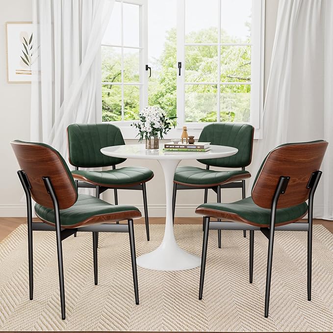 Dining Chairs Set of 6, Mid-Century Modern Upholstered PU Leather Chairs with Walnut Bentwood Back and Metal Legs Adjustable Feet for Kitchen Dining Room, Dark Green Shell Strips