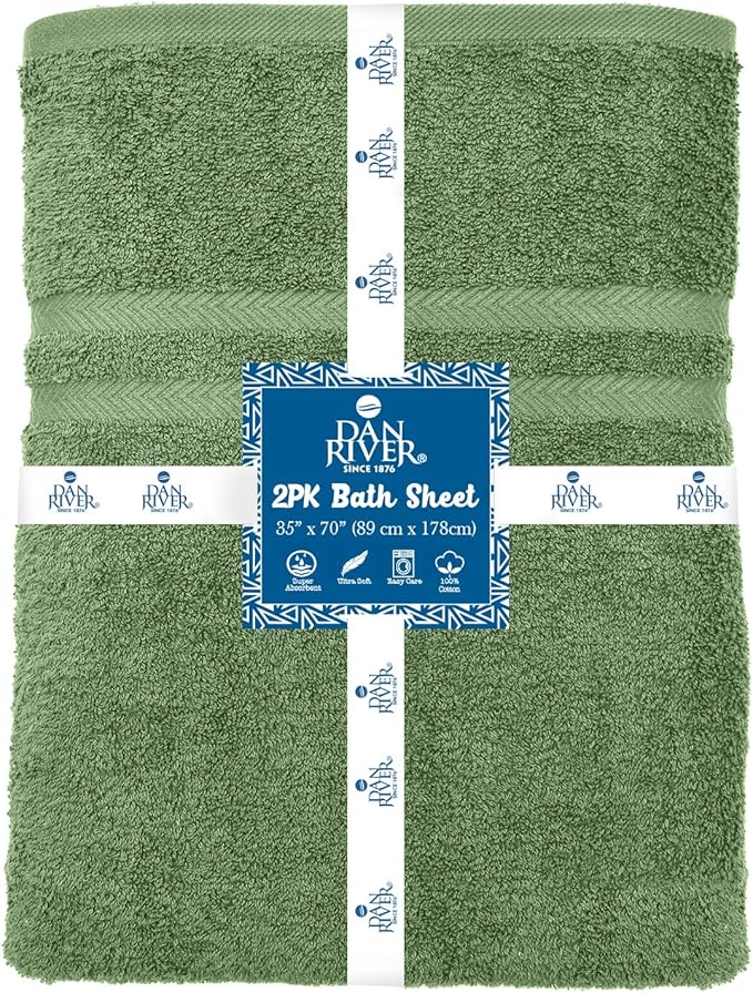 DAN RIVER 2 Pack Luxury Bath Sheets 35x70, 600 GSM, Soft & Quick Dry 100% Ring Spun Cotton Towels Ideal for Hotels, Spas, Gyms & Salons Extra Large, Sage Green