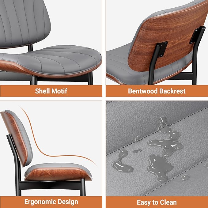 Dining Chairs Set of 4, Dining Room and Kitchen Chairs, Mid Century Modern Accent Chair, Upholstered PU Leather Chairs for Vanity with Walnut Bentwood and Metal Legs, Gray