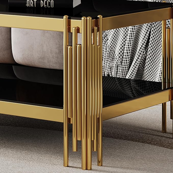 Goujxcy Modern Glass Coffee Table 47" Gold Center Table with Black Glass Top and Mirror Finish Stainless Steel Legs, Luxury Rectangular Coffee Table for Living Room Apartment (Gold)