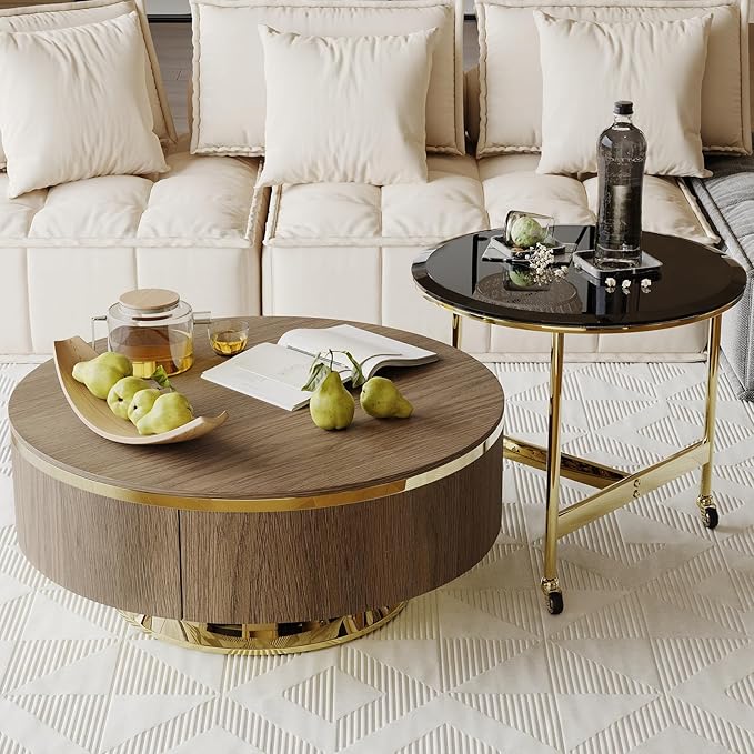 31.5 Inch Coffee Table with 2 Storage Drawers, Vintage Walnut Nesting Coffee Table Set of 2, Mid-Century Round Tea Center Table with Gold Chrome Base for Living Room Apartment
