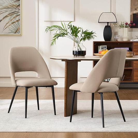 Rowill Dining Chairs Set of 2 Upholstered Dining Room Chairs Mid Century Modern Dining Chairs Faux Leather Kitchen Chairs Accent Chair with Metal Legs for Living Room Bedroom, Khaki