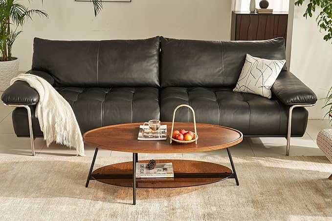 Shrine Glass Coffee Table, Black Walnut Table for Living Room, Glass and Wood Table, 43.3" D x 21.6" W x 15.7" H, Brown Glass Base, Walnut Wood Top&Black Metal Frame