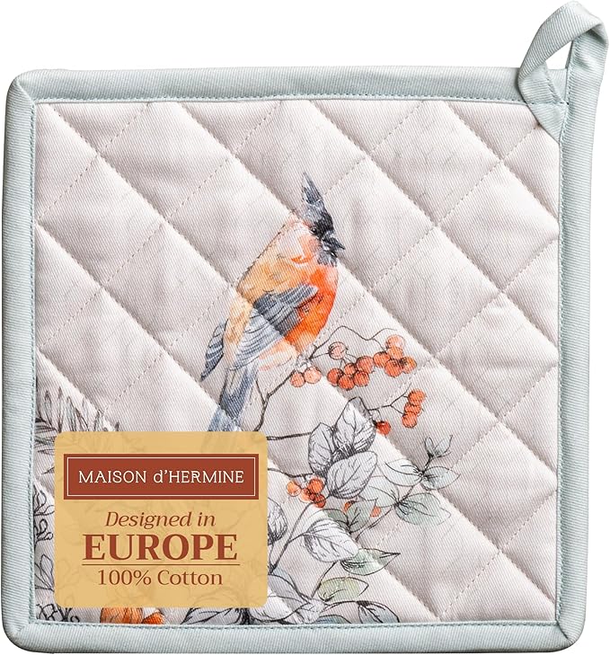 Maison d' Hermine Pot Holders 100% Cotton Heat Resistant Potholders 8" x 8" Hot Pads with Loop for Thanksgiving Christmas Decorations BBQ Cooking Handling Hot Pans (Pack of 1, Whitish Shabby Chique)