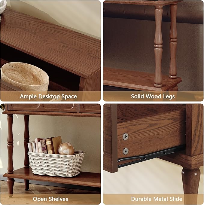 ARTPOWER Mid-Century Console Table for Entryway with 2 Drawers, Brown Retro Entryway Table with Storage Cabinets and Open Shelf, Narrow Long Couch Table Behind Sofa for Living Room, Foyer, Hallway