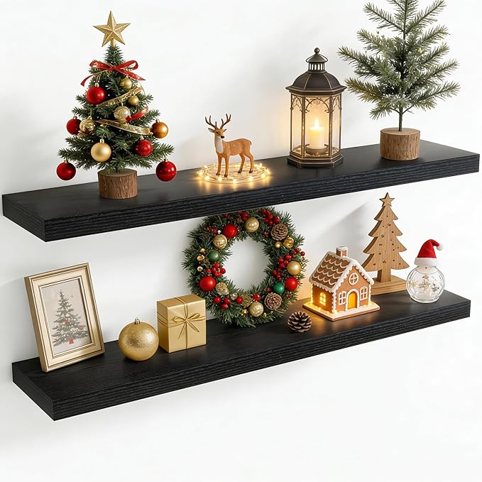 48 Inch Floating Shelves for Wall, 8 Inch Deep Floating Shelf for Storage & Display, Rustic Wall Mounted Shelf with Invisible Brackets for Living Room, Kitchen, Bathroom, Home Decor, Set of 2, Black