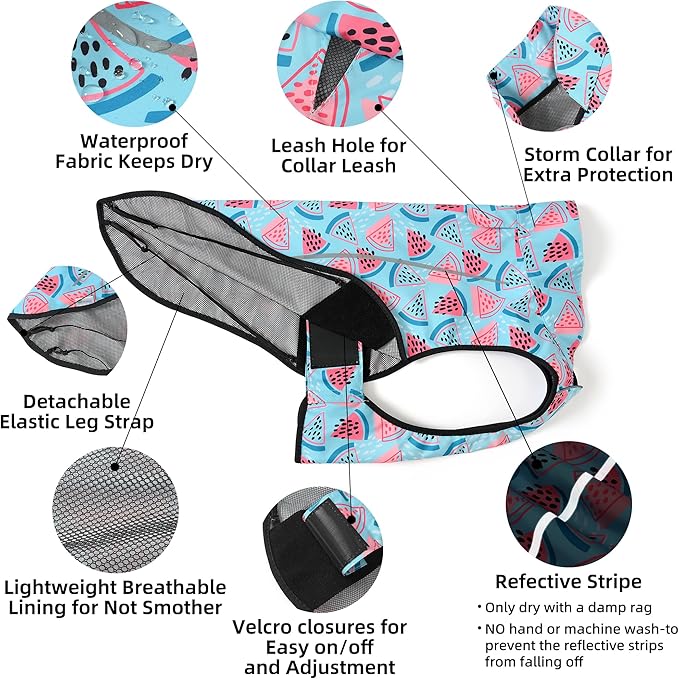 Mile High Life Dog Raincoat, Adjustable Waterproof Reflective Rain Jacket for Small Medium Large Dogs, Lightweight Breathable Pet Rain Coat with Leash Hole(Light Blue Watermelon,L Chest 32-40")