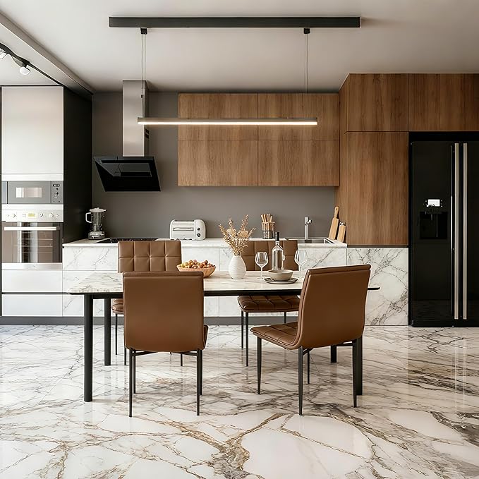 Dining Chairs Set of 2, PU Leather Upholstered Kitchen Chair with Metal Legs, Modern Accent Chairs, Brown Dinner Chairs for Kitchen, Dining Room, Restaurant, Cafe, Bedroom, Balcony, Courtyard