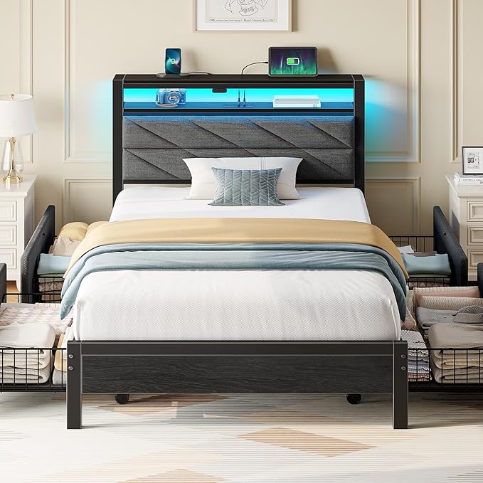 Seventable Twin Bed Frame with 4 Storage Drawers, Charging Station & LED Lights, Upholstered Headboard with 2-Tier Shelves, Metal Platform Bed, No Box Spring Needed, Noise-Free, Grey