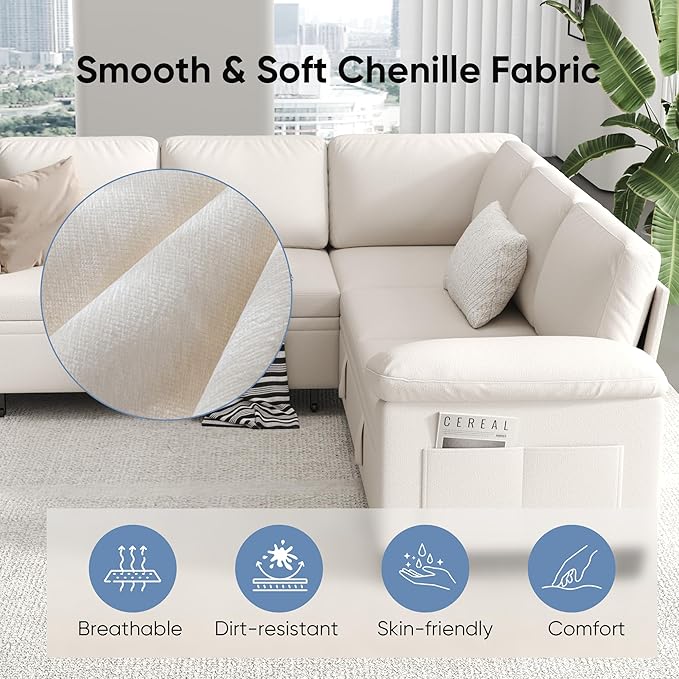 76.8" Modular Sectional Sleeper Sofa with Pull Out Bed,U Shaped 5 Seat Sectional Sofa with Storage,Modular Couch for Living Room,Deep Seat Couch with Removable Sofa Cover,Beige