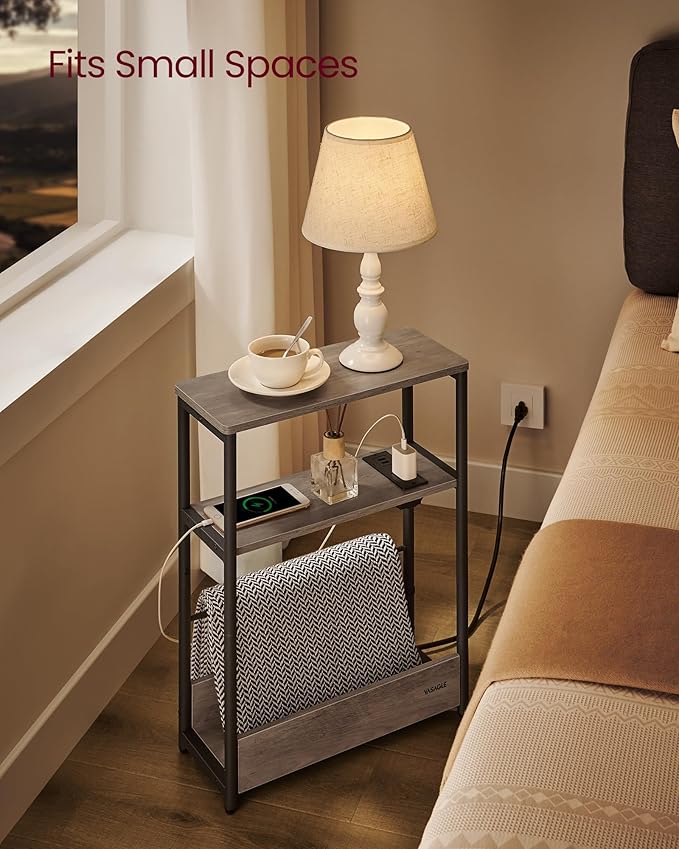 VASAGLE Side Table with Charging Station, Narrow End Table, 3-Tier Nightstand, Sofa Table for Small Spaces, Magazine Rack, for Living Room, Bedroom, Study, Heather Greige and Ink Black ULET335K04