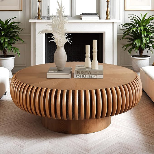 Fluted Round Coffee Table for Living Room 39.37" Modern Drum Coffee Table Mid Century Handcrafted Circle Wood Center Tables with Pedestal for Small Space Apartment (Brown)