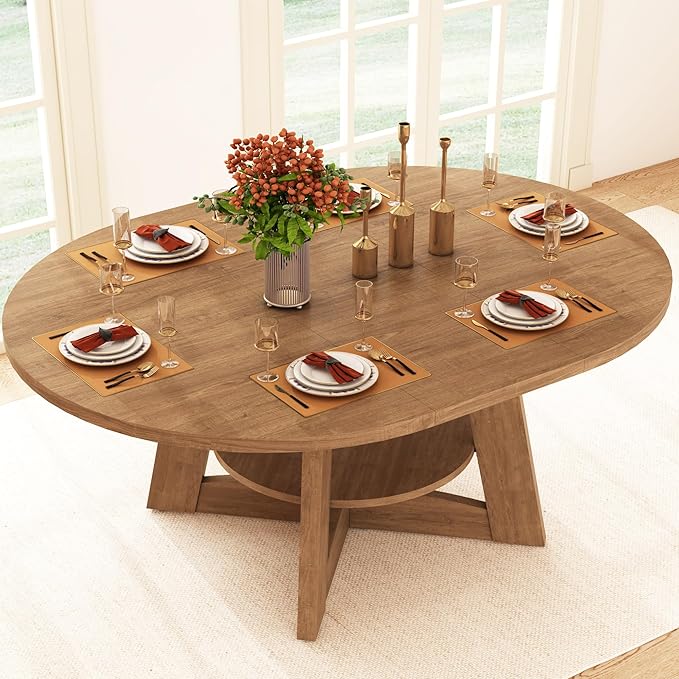 47"-63" Extendable Dining Table for 4 5 6 People,63" Farmhouse Round Extending Dining Table w/Removable Leaves Space Saving,Wooden Adjustable Tables for Kitchen Office Living Room (Brown)