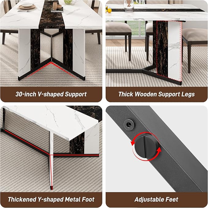 71 inch Dining Table for 4 5 6 | Modern White&Black Rectangular Kitchen Table W/Waterproof Wood Tabletop,Farmhouse Long Dining Room Tables W/Adjustable Legs&Wood Strip Base for Kitchen Living Room