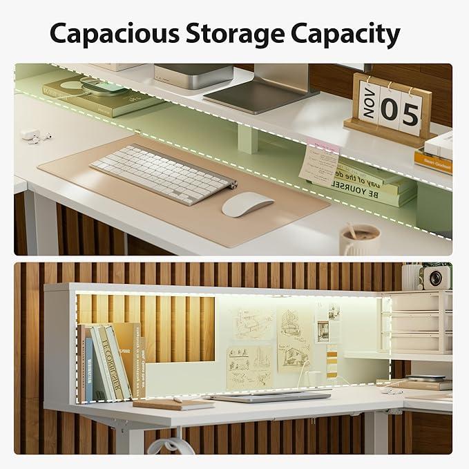 Agilestic L-Shaped Electric Standing Desk, 63x55 Inch Ergonomic Adjustable Height Desk with Storage, Stand Up Corner Desk Sit Stand Computer Table Power Outlet & LED Lights, Office Table, White