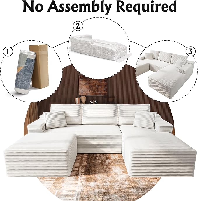 3-Piece Boneless Modular Sectional Sofa, Cloud Couch, Right Facing Chaise with Ottoman, Oversized Deep Seat, Soft Corduroy Fabric, Sectional Couch for Living Room-White