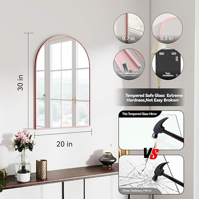 30x20 Arch Mirror Full Length Wall Mounted Hanging or Against Wall Metal Aluminium Alloy Frame Dressing Mirrors for Entryway Bedroom Bathroom Living Room 30 20 inch Rosegold Rose Gold