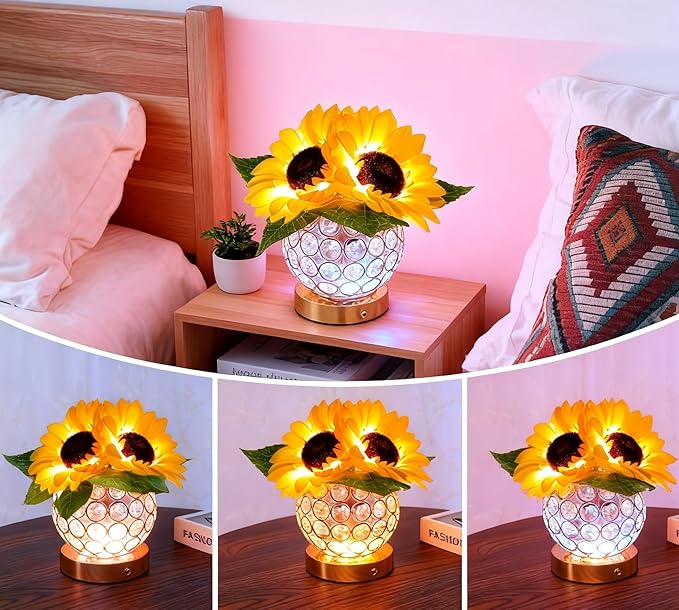 Crystal Cube LED Night Light with Sunflower Vase, USB Rechargeable Table Lamp, 3 Color Modes, Touch Control, Decorative Accent Light for Bedroom, Home (Round Crystal Globe (Sunflower))
