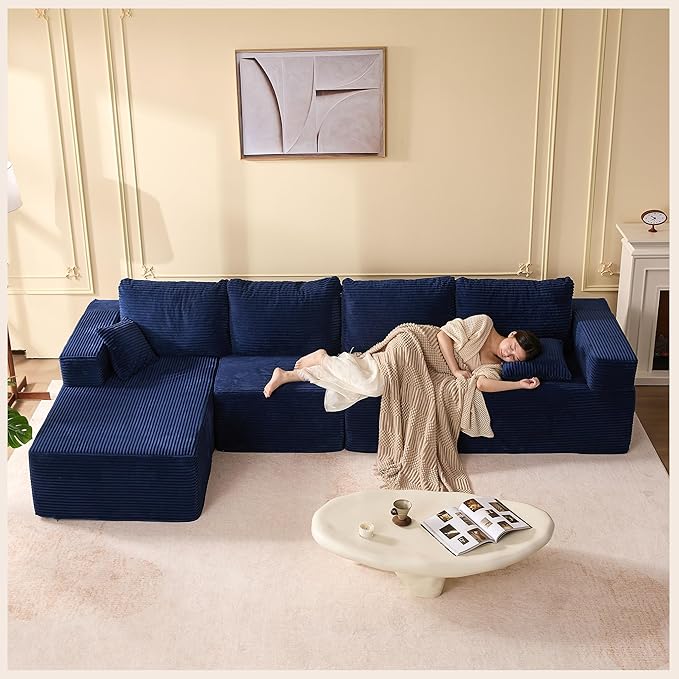 138" Boneless Couch with Deep Seat, Modular Sectional Sofa, Cloud Sectional Couch for Living Room, No Assembly Required, Corduroy, 4 Seater L-Shape Left, Blue