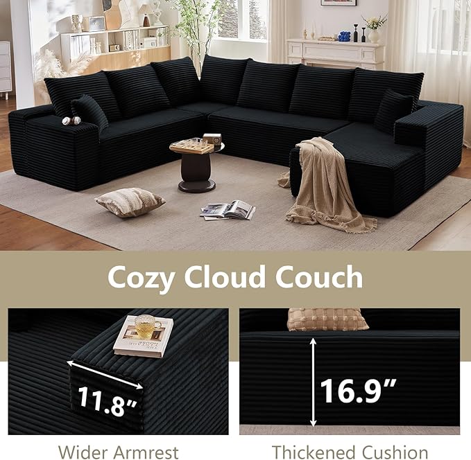 Sectional Cloud Couch with L-Shape Chaise, Modern Modular Comfy Sofa with Deep Seat, Upholstered Corduroy Couches Stupendous U Shaped Sofas for Living Room Bedroom, No Assembly Required, Black