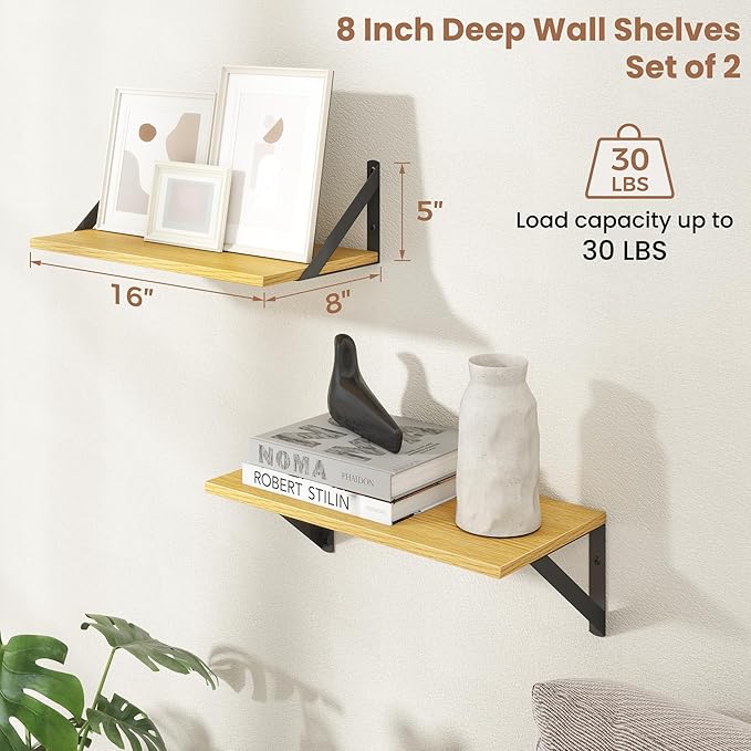 Axeman Floating Shelves | 8 Inch Deep Oak Wall Shelves Set of 2 | 16W x 8D Rustic Wood Shelves for Bookshelf Living Room Bedroom Home Office Bathroom