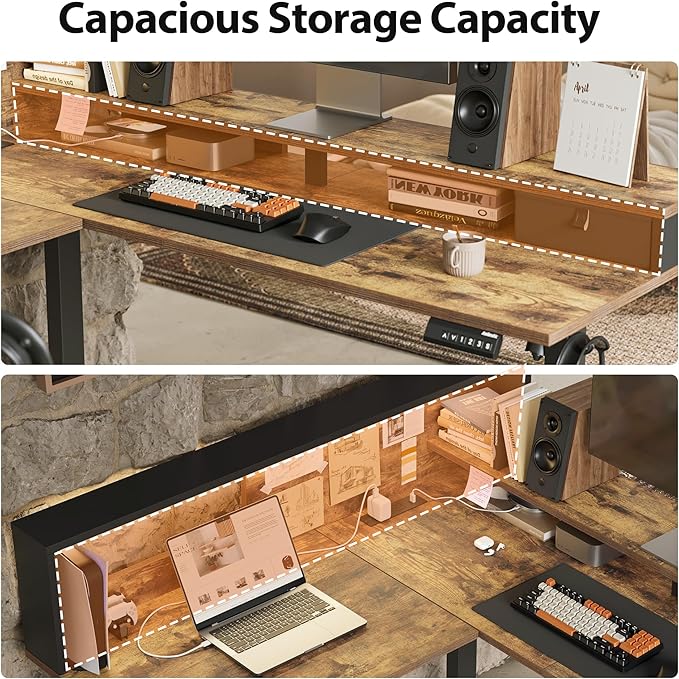 Agilestic L-Shaped Electric Standing Desk, 63x55 Inch Ergonomic Adjustable Height Desk with Storage, Stand Up Corner Desk Sit Stand Computer Table Power Outlet & LED Lights, Office Table, Rustic Brown